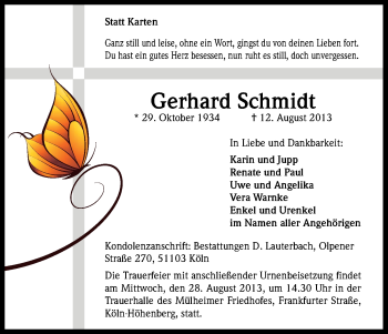 Anzeige von Gerhard Schmidt von Kölner Stadt-Anzeiger / Kölnische Rundschau / Express