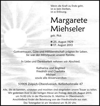 Anzeige von Margarete Miehseler von Kölner Stadt-Anzeiger / Kölnische Rundschau / Express