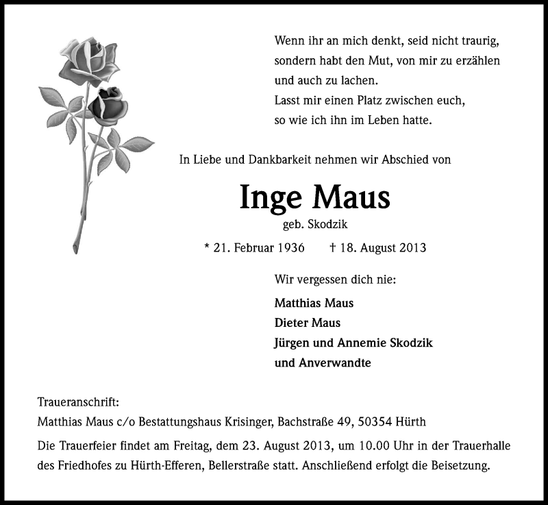  Traueranzeige für Inge Maus vom 21.08.2013 aus Kölner Stadt-Anzeiger / Kölnische Rundschau / Express