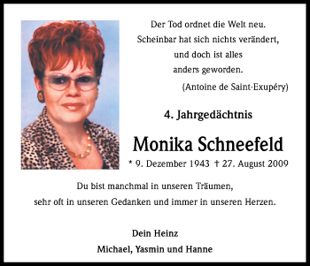 Anzeige von Monika Schneefeld von Kölner Stadt-Anzeiger / Kölnische Rundschau / Express