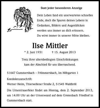 Anzeige von Ilse Mittler von Kölner Stadt-Anzeiger / Kölnische Rundschau / Express