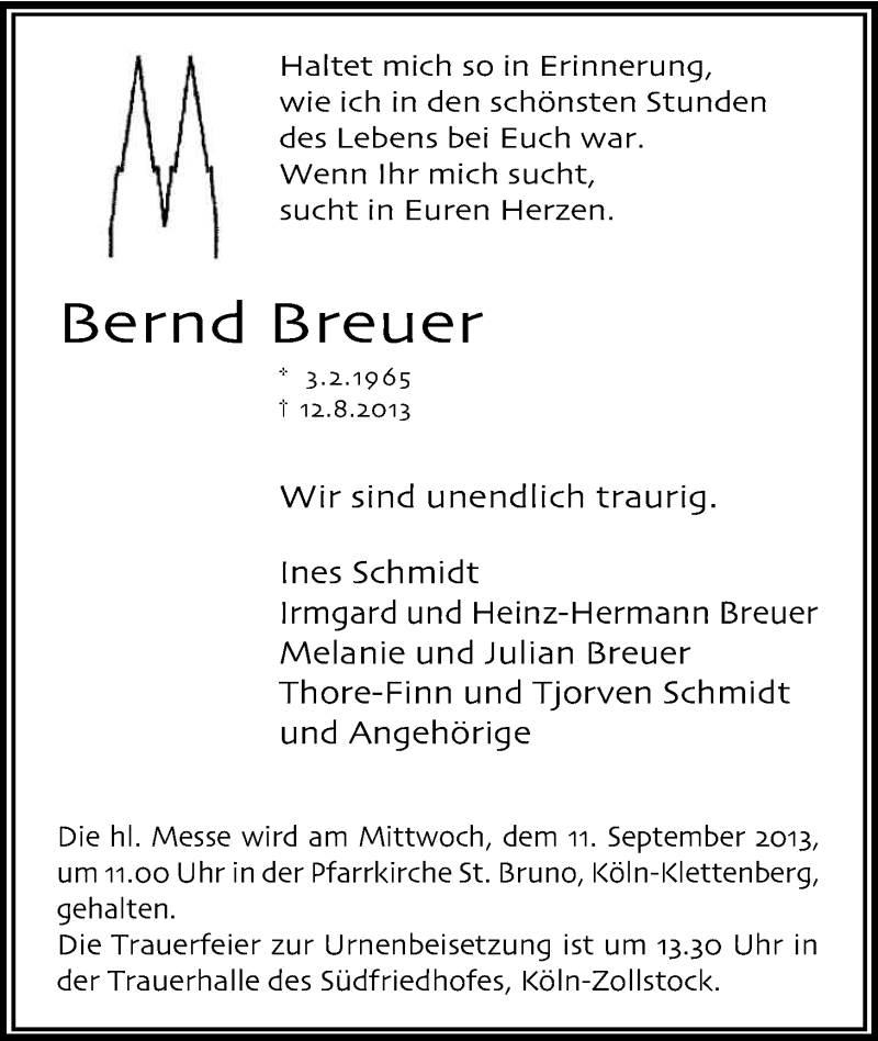  Traueranzeige für Bernd Breuer vom 31.08.2013 aus Kölner Stadt-Anzeiger / Kölnische Rundschau / Express