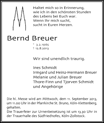 Anzeige von Bernd Breuer von Kölner Stadt-Anzeiger / Kölnische Rundschau / Express