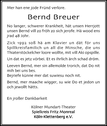 Anzeige von Bernd Breuer von Kölner Stadt-Anzeiger / Kölnische Rundschau / Express