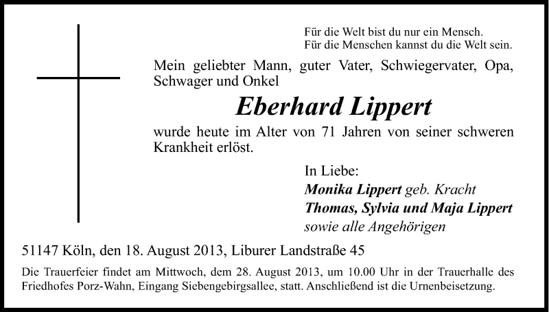  Traueranzeige für Eberhard Lippert vom 24.08.2013 aus Kölner Stadt-Anzeiger / Kölnische Rundschau / Express