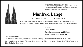 Anzeige von Manfred Lange von Kölner Stadt-Anzeiger / Kölnische Rundschau / Express