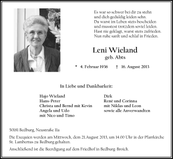 Anzeige von Leni Wieland von Kölner Stadt-Anzeiger / Kölnische Rundschau / Express