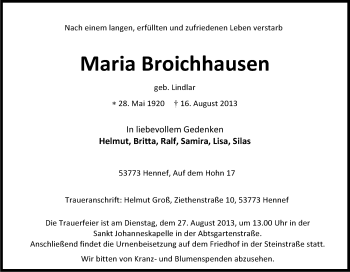 Anzeige von Maria Broichhausen von Kölner Stadt-Anzeiger / Kölnische Rundschau / Express
