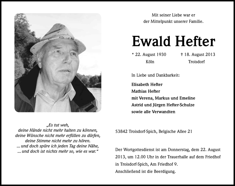  Traueranzeige für Ewald Hefter vom 21.08.2013 aus Kölner Stadt-Anzeiger / Kölnische Rundschau / Express