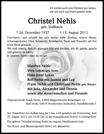 Anzeige von Christel Nehls von Kölner Stadt-Anzeiger / Kölnische Rundschau / Express