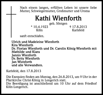 Anzeige von Kathi Wienforth von Kölner Stadt-Anzeiger / Kölnische Rundschau / Express