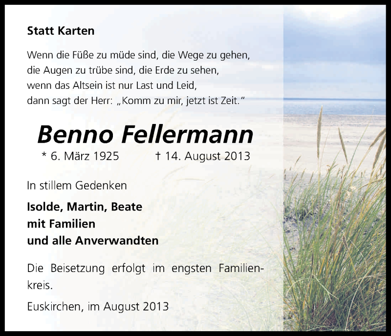  Traueranzeige für Benno Fellermann vom 21.08.2013 aus Kölner Stadt-Anzeiger / Kölnische Rundschau / Express