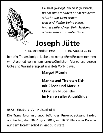 Anzeige von Joseph Jütte von Kölner Stadt-Anzeiger / Kölnische Rundschau / Express
