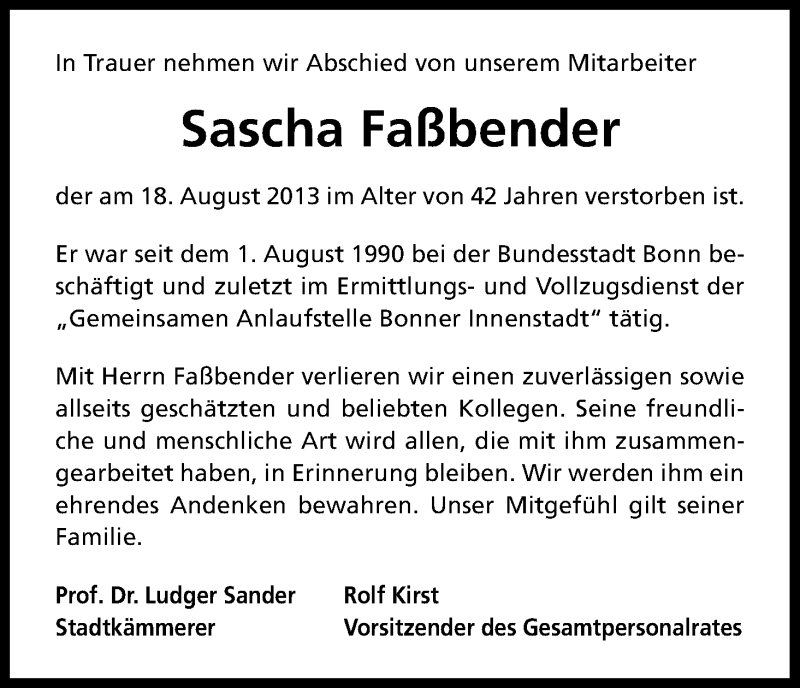  Traueranzeige für Sascha Faßbender vom 21.08.2013 aus Kölner Stadt-Anzeiger / Kölnische Rundschau / Express