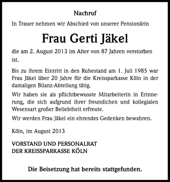 Anzeige von Gerti Jäkel von Kölner Stadt-Anzeiger / Kölnische Rundschau / Express