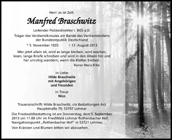 Anzeige von Manfred Braschwitz von Kölner Stadt-Anzeiger / Kölnische Rundschau / Express