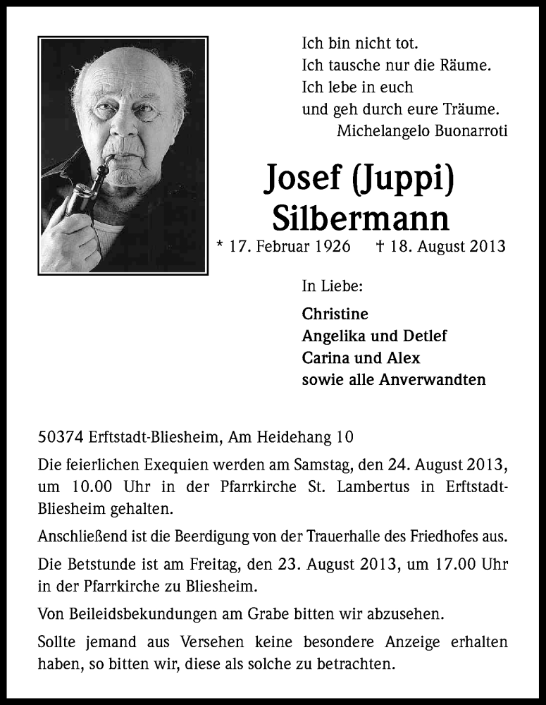  Traueranzeige für Josef Silbermann vom 21.08.2013 aus Kölner Stadt-Anzeiger / Kölnische Rundschau / Express