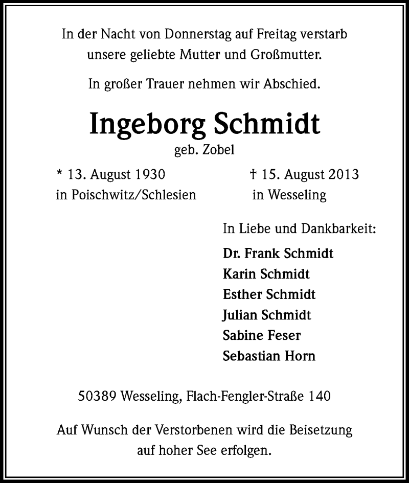  Traueranzeige für Ingeborg Schmidt vom 21.08.2013 aus Kölner Stadt-Anzeiger / Kölnische Rundschau / Express