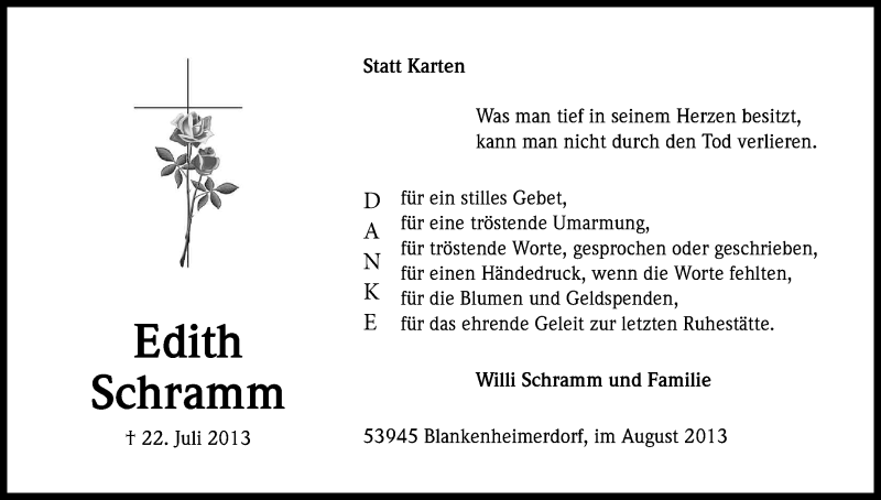  Traueranzeige für Edith Schramm vom 21.08.2013 aus Kölner Stadt-Anzeiger / Kölnische Rundschau / Express