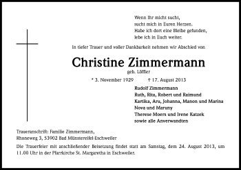 Anzeige von Christine Zimmermann von Kölner Stadt-Anzeiger / Kölnische Rundschau / Express