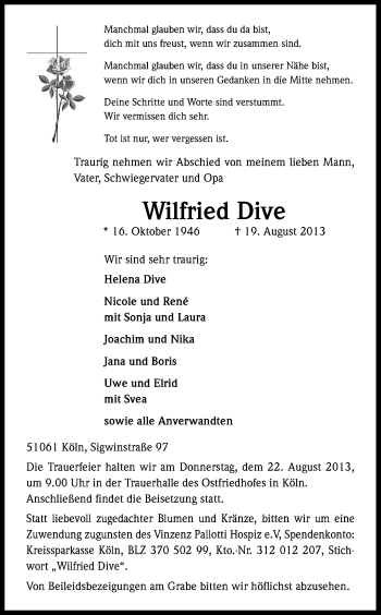 Anzeige von Wilfried Dive von Kölner Stadt-Anzeiger / Kölnische Rundschau / Express
