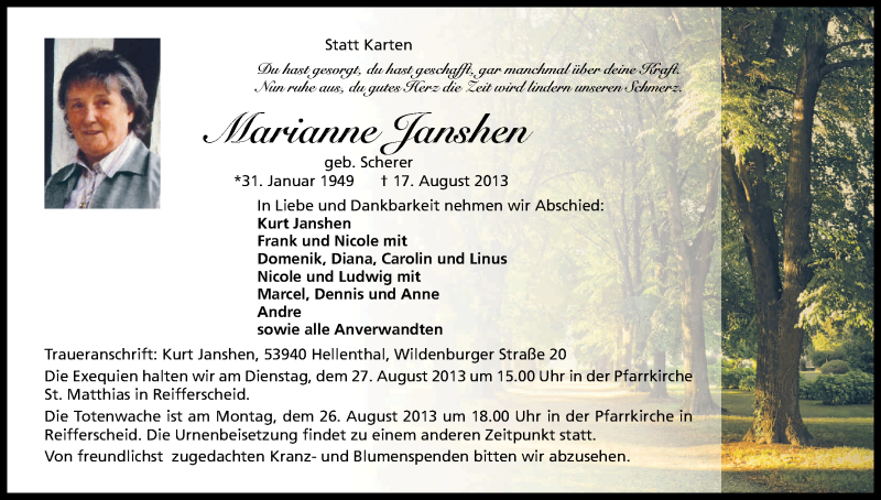  Traueranzeige für Marianne Janshen vom 23.08.2013 aus Kölner Stadt-Anzeiger / Kölnische Rundschau / Express