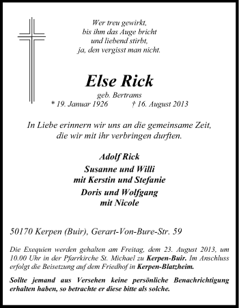 Anzeige von Else Rick von Kölner Stadt-Anzeiger / Kölnische Rundschau / Express