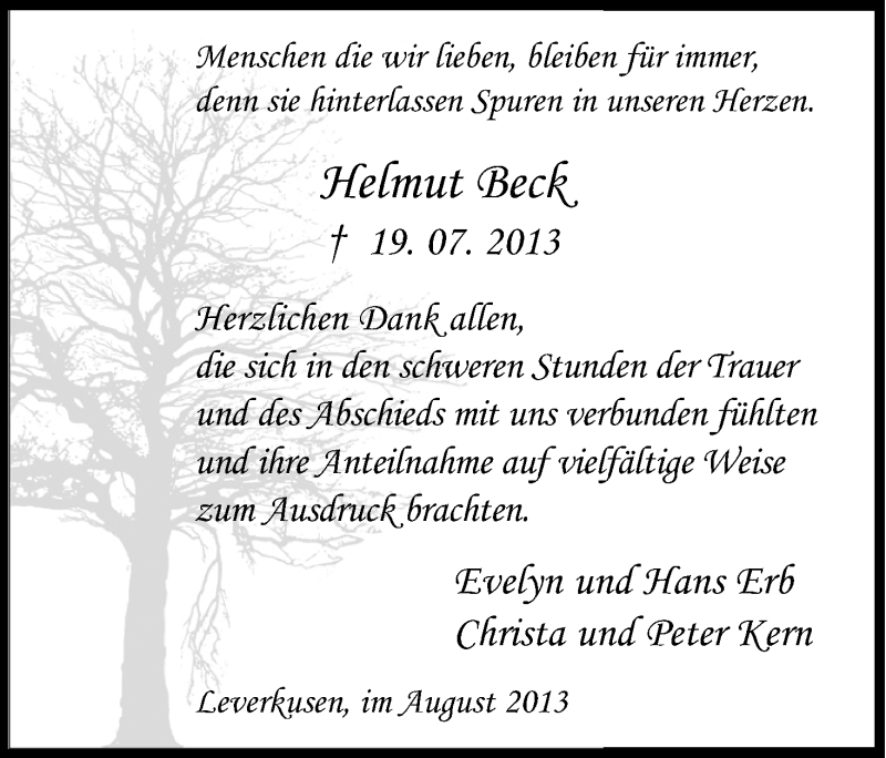  Traueranzeige für Helmut Beck vom 24.08.2013 aus Kölner Stadt-Anzeiger / Kölnische Rundschau / Express