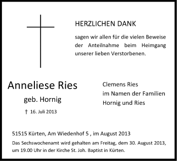 Anzeige von Anneliese Ries von Kölner Stadt-Anzeiger / Kölnische Rundschau / Express