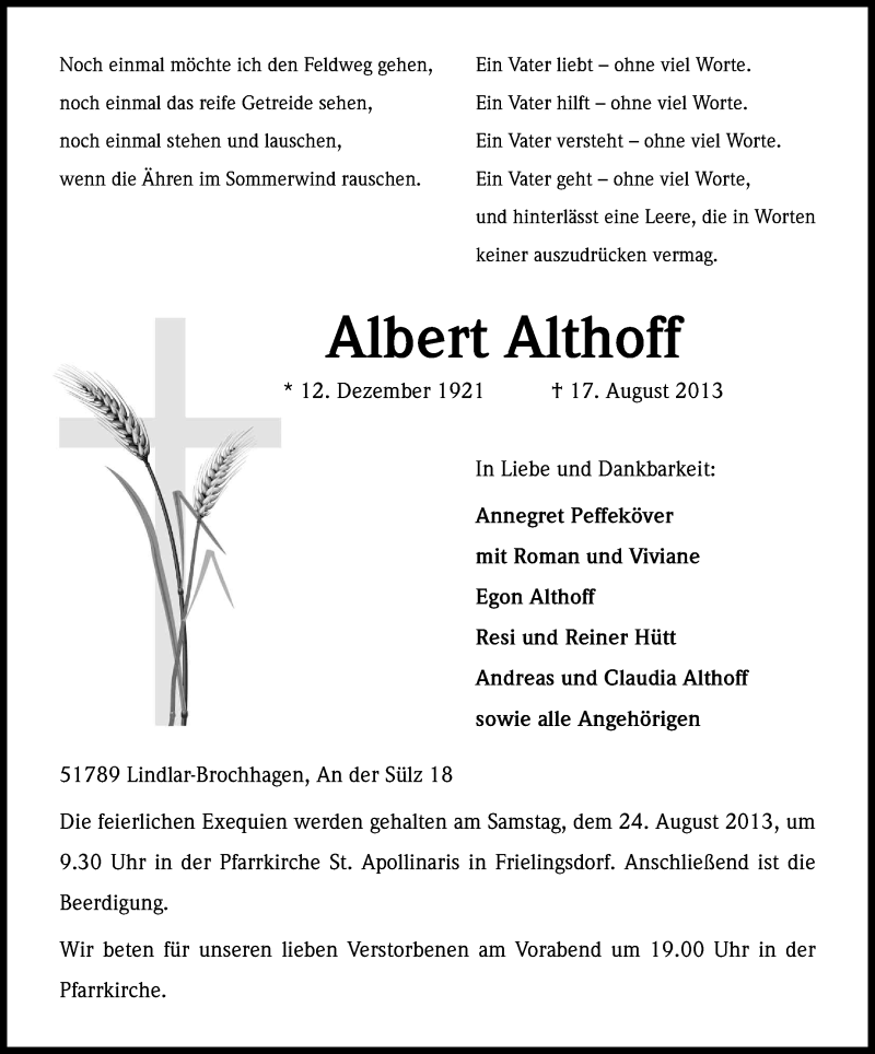  Traueranzeige für Albert Althoff vom 21.08.2013 aus Kölner Stadt-Anzeiger / Kölnische Rundschau / Express