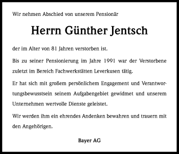 Anzeige von Günther Jentsch von Kölner Stadt-Anzeiger / Kölnische Rundschau / Express