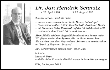 Anzeige von Jan Hendrik Schmitz von Kölner Stadt-Anzeiger / Kölnische Rundschau / Express
