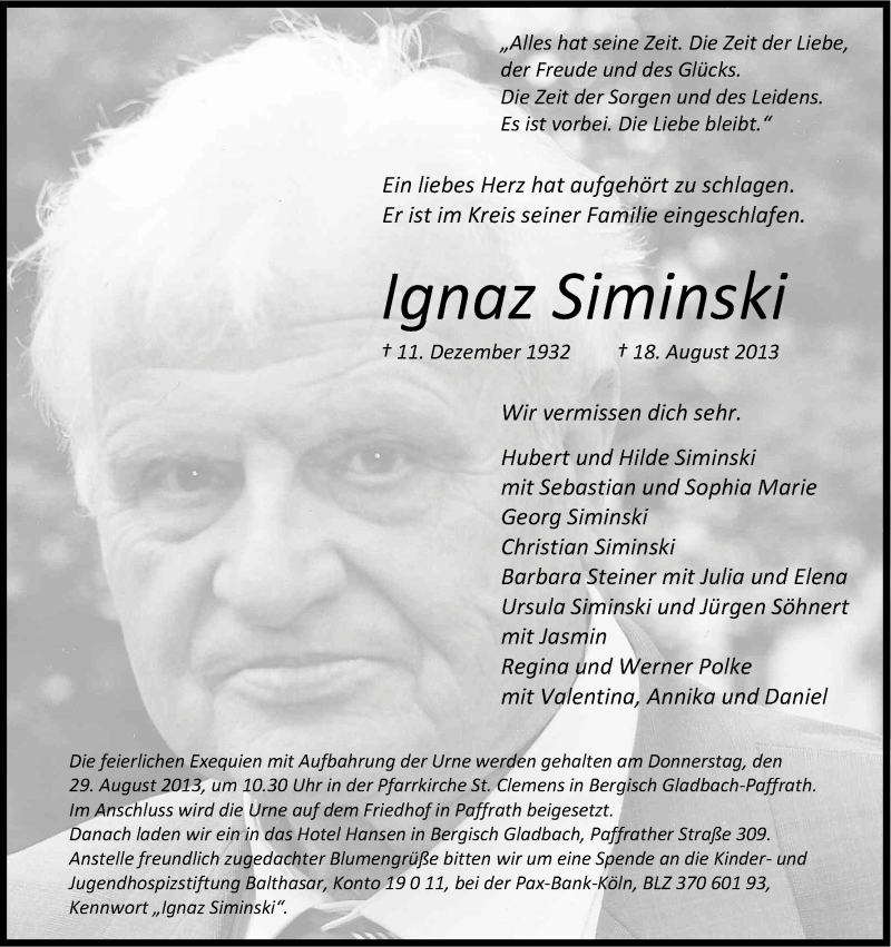  Traueranzeige für Ignaz Siminski vom 21.08.2013 aus Kölner Stadt-Anzeiger / Kölnische Rundschau / Express