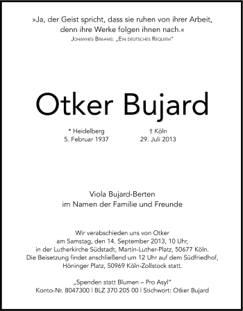 Anzeige von Otker Bujard von Kölner Stadt-Anzeiger / Kölnische Rundschau / Express