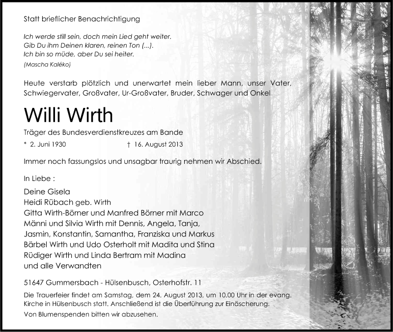  Traueranzeige für Willi Wirth vom 21.08.2013 aus Kölner Stadt-Anzeiger / Kölnische Rundschau / Express