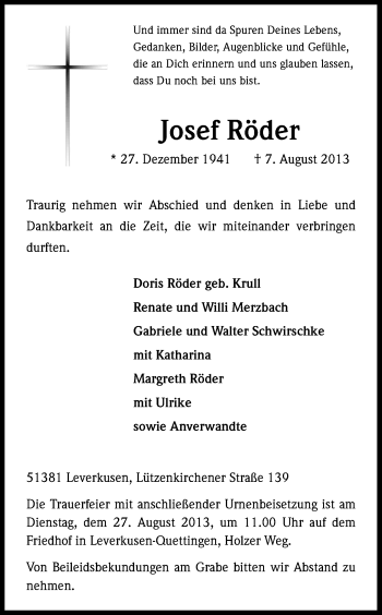 Anzeige von Josef Röder von Kölner Stadt-Anzeiger / Kölnische Rundschau / Express