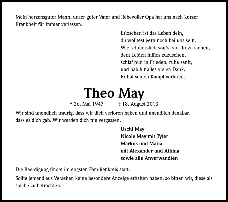  Traueranzeige für Theo May vom 21.08.2013 aus Kölner Stadt-Anzeiger / Kölnische Rundschau / Express