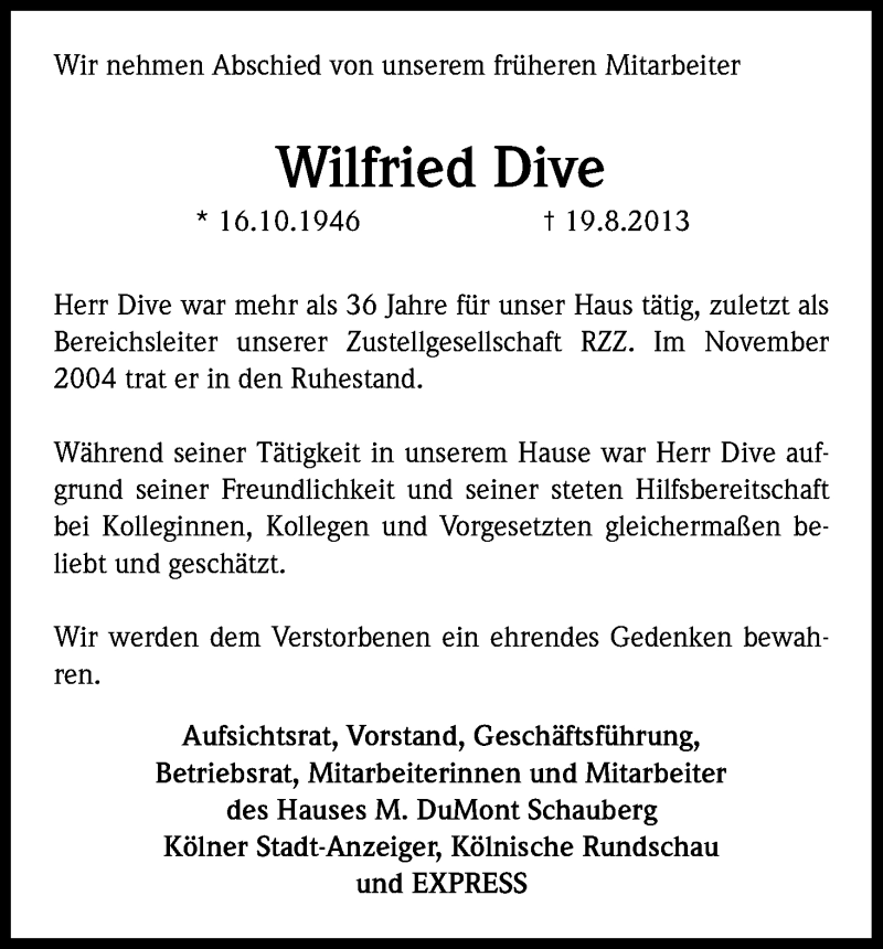  Traueranzeige für Wilfried Dive vom 21.08.2013 aus Kölner Stadt-Anzeiger / Kölnische Rundschau / Express