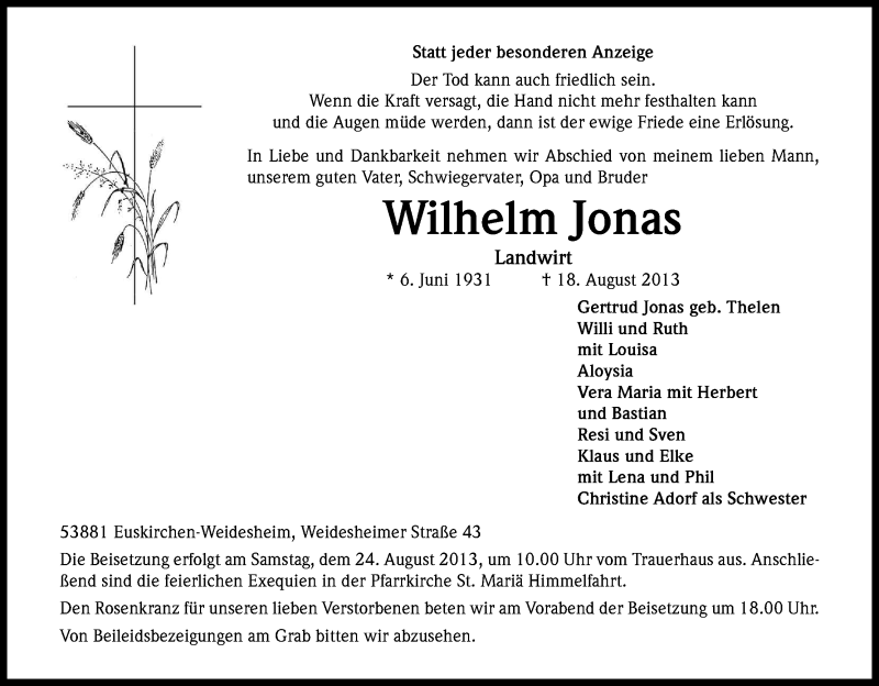  Traueranzeige für Wilhelm Jonas vom 21.08.2013 aus Kölner Stadt-Anzeiger / Kölnische Rundschau / Express