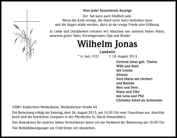 Anzeige von Wilhelm Jonas von Kölner Stadt-Anzeiger / Kölnische Rundschau / Express