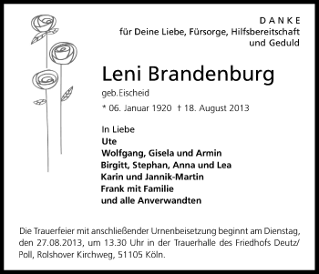 Anzeige von Leni Brandenburg von Kölner Stadt-Anzeiger / Kölnische Rundschau / Express