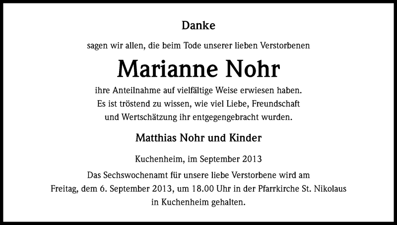  Traueranzeige für Marianne Nohr vom 24.08.2013 aus Kölner Stadt-Anzeiger / Kölnische Rundschau / Express