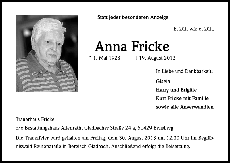  Traueranzeige für Anna Fricke vom 26.08.2013 aus Kölner Stadt-Anzeiger / Kölnische Rundschau / Express