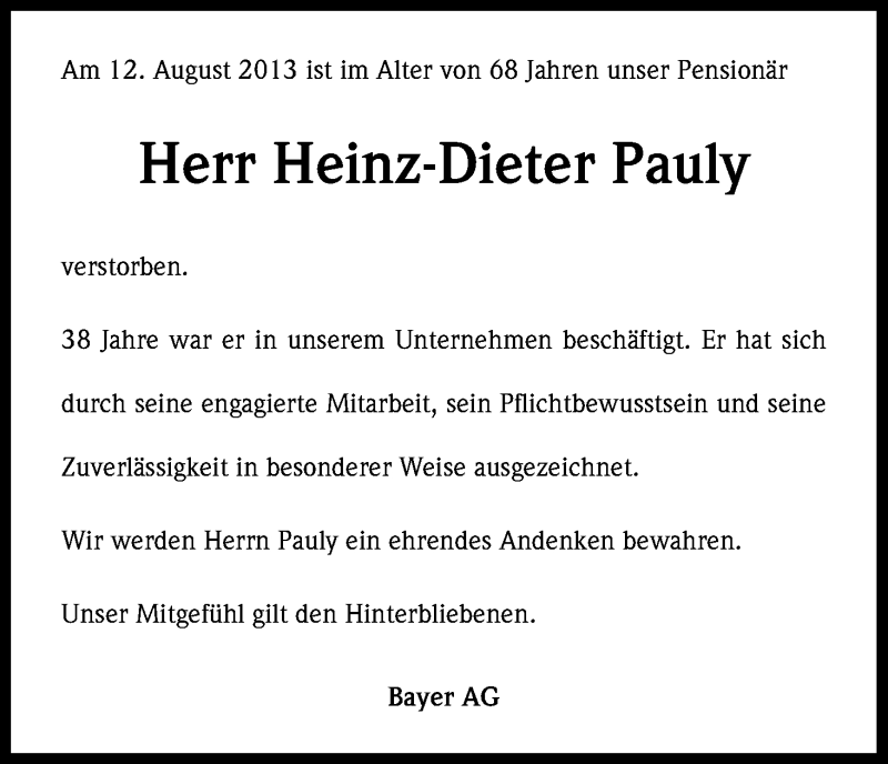  Traueranzeige für Heinz-Dieter Pauly vom 22.08.2013 aus Kölner Stadt-Anzeiger / Kölnische Rundschau / Express