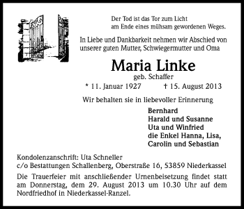 Anzeige von Maria Linke von Kölner Stadt-Anzeiger / Kölnische Rundschau / Express
