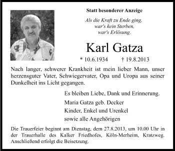 Anzeige von Karl Gatza von Kölner Stadt-Anzeiger / Kölnische Rundschau / Express