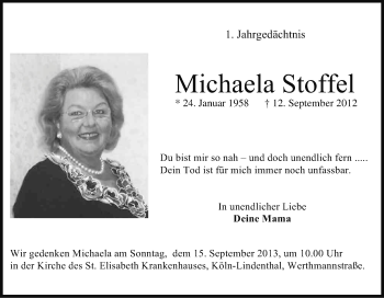 Anzeige von Michaela Stoffel von Kölner Stadt-Anzeiger / Kölnische Rundschau / Express