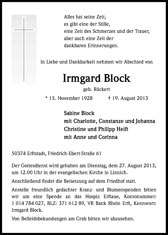  Traueranzeige für Irmgard Block vom 24.08.2013 aus Kölner Stadt-Anzeiger / Kölnische Rundschau / Express