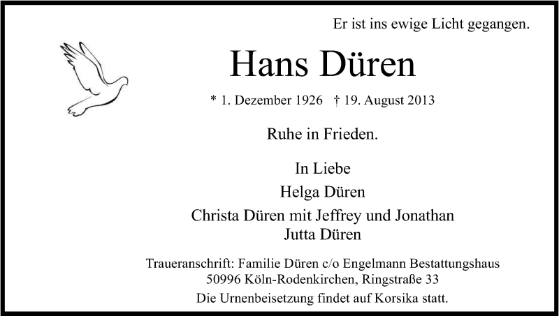  Traueranzeige für Hans Düren vom 24.08.2013 aus Kölner Stadt-Anzeiger / Kölnische Rundschau / Express