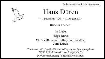 Anzeige von Hans Düren von Kölner Stadt-Anzeiger / Kölnische Rundschau / Express